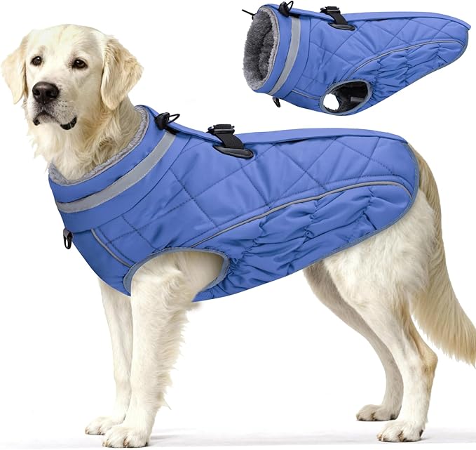 Dog Coat, Warm Dog Winter Coat for Large Dogs, Waterproof Jacket with Harness Built in, Reflective Turtleneck Cold Weather Coats with Zipper,Pet Fleece Vest Snow Jacket, Blue L