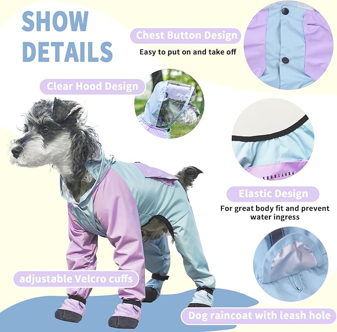 Dog Raincoat with Transparent Hood, Waterproof Jacket for Small Dogs with Snap-Button Chest, Leash Hole & Hook-and-Loop Cuffs Sleeves, Back Pocket for Treats (Blue, Small)