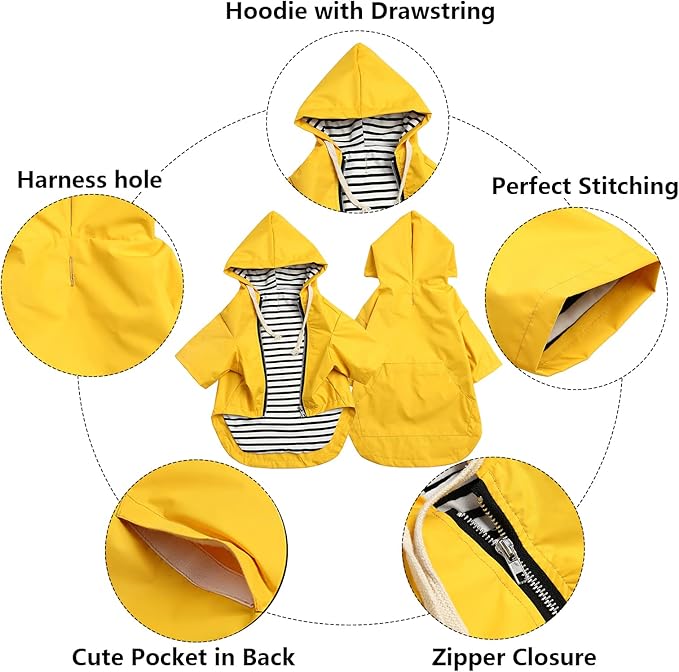 Dog Raincoat rain Jacket Raincoat Dogs Waterproof Small Medium Breeds Zip Closure Storage Pocket Harness Hole Yellow XXL