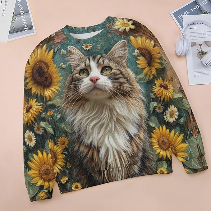 Long Sleeve Shirts for Women Cat Oil Painting Shirt 3D Graphic Sweatshirts Fall Pullover Crewneck Vintage Boho Tops