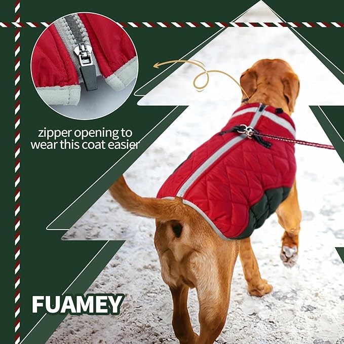 FUAMEY Dog Coat for Large Dogs,Waterproof Dog Winter Jacket with Harness Built in Puppy Cold Weather Coats Reflective Pet Vest with Zipper Warm Fleece Dogs Snowsuit Windproof Christmas XL