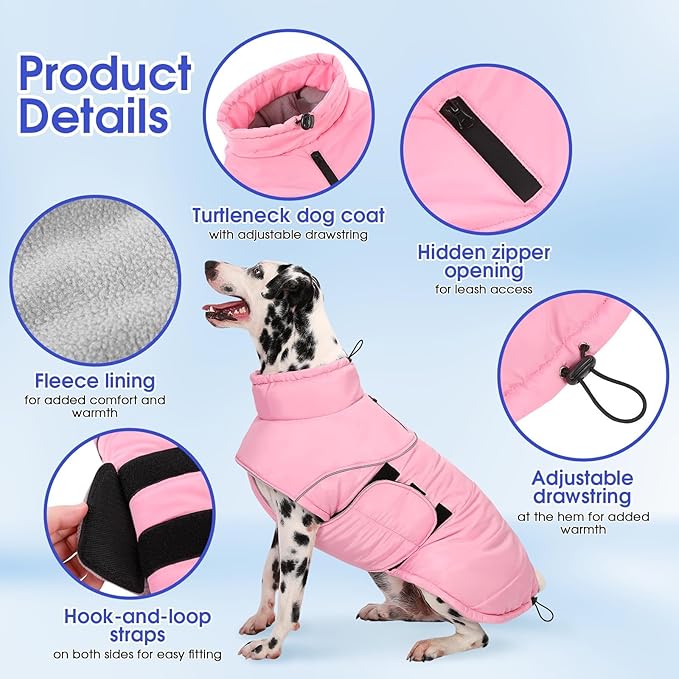 ASENKU Extra Warm Dog Coat - Winter Fleece Jacket with Reflective Adjustable Zippered Leash Hole for Medium Dogs (Pink, L)
