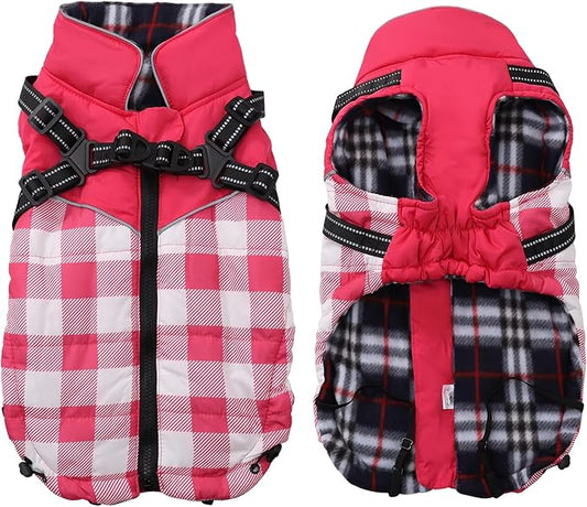 Dog Coat with Harness,Small Dog Winter Coat,Doggie Jackets with Built in Harness,Adjustable Warm Jacket for Medium Large Dogs,Pet Puppy Cold Weather Coats for Dogs Waterproof (PlaidPink, Small)