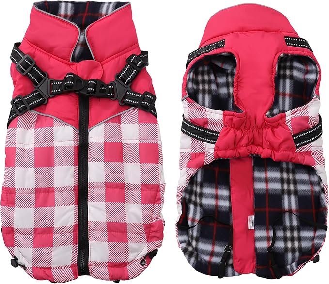 Dog Coat with Harness,Small Dog Winter Coat,Doggie Jackets with Built in Harness,Adjustable Warm Jacket for Medium Large Dogs,Pet Puppy Cold Weather Coats for Dogs Waterproof (PlaidPink, Large)