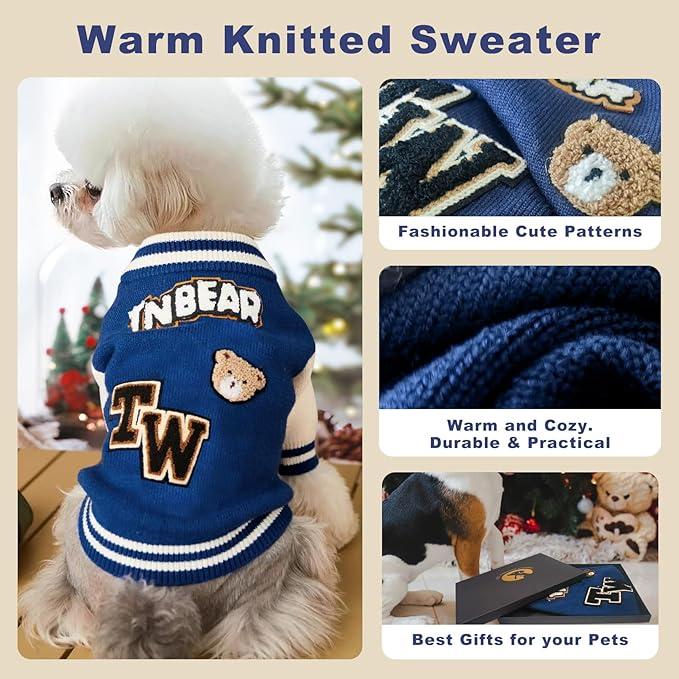 Small Dog Sweater Sweatshirt Cute Blue Puppy Sweaters - Winter Warm Knitted Bear Design for Small Puppies (S)