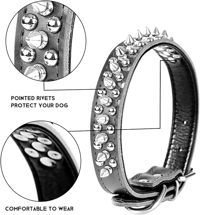Adjustable Genuine Leather Spiked Studded Dog Collars for Small Medium Large Pets Like Pit Bull Bulldog Pugs Husky (S, Brown1)