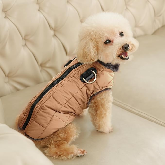 Warm Fleece Dog Coats with Durable Harness Buitl in D-Ring,Waterproof Doggie Jacket for Large Dogs,Dog Vest for Cold Winter,Burnished Khaki XXL