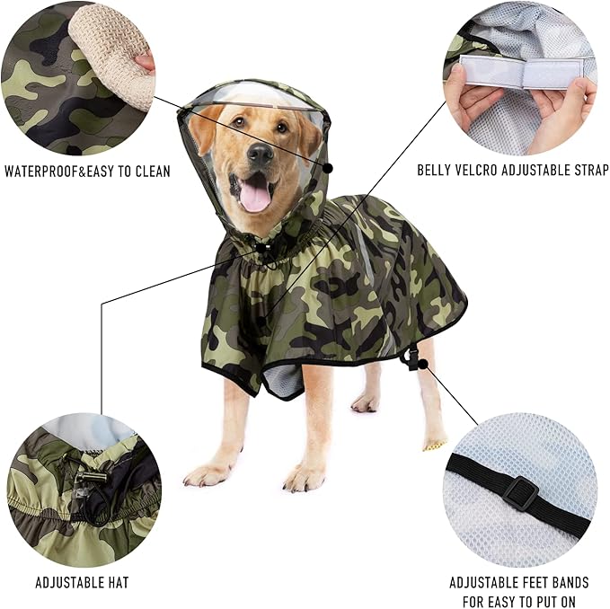 Dog Raincoat with Adjustable Belly Strap and Leash Hole - Hoodie with Reflective Strip - Waterproof Slicker Lightweight Breathable Rain Poncho Jacket for Medium Large Dogs - Easy to Wear