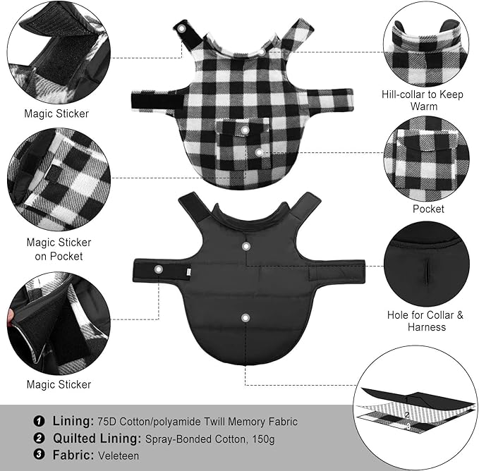 ASENKU Dog Winter Coat, Fleece Doggie Jacket Plaid Reversible Vest Waterproof Windproof Cold Weather Clothes for Small Medium Large Dogs (S, White)
