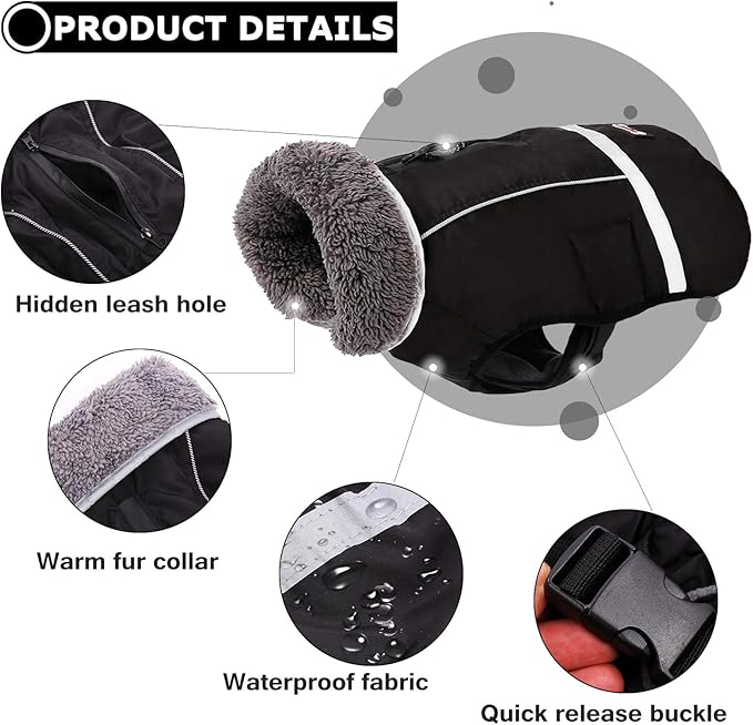 QBLEEV Warm Dog Coat Reflective Dog Jacket, Waterproof Dog Winter Coat Turtleneck Dog Clothes for Cold Weather, Thick Fleece Dog Snowsuit Christmas Dog Vest Pet Apparel for Small Medium Large Dogs 3XL