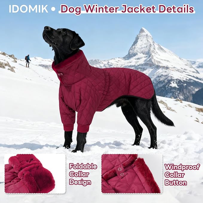 IDOMIK Dog Winter Coat for Medium Dogs, Warm Dog Winter Jacket with Fleece High Collar, Zippered Cold Weather Coats for Dogs, Waterproof Doggy Snow Jacket Clothes,WineRed,M