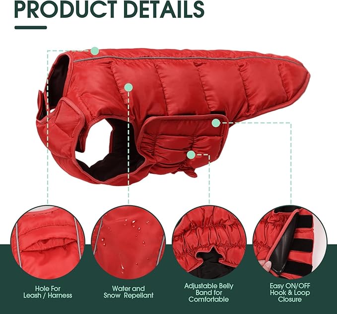 Kuoser Dog Puffer Jacket Warm Dog Coat for Extra Large Dogs, Windproof Reflective Pet Padded Vest Cold Weather Clothes Puppy Snowsuit with Hook & Loop Coats, Easy On/Off, Red 3XL