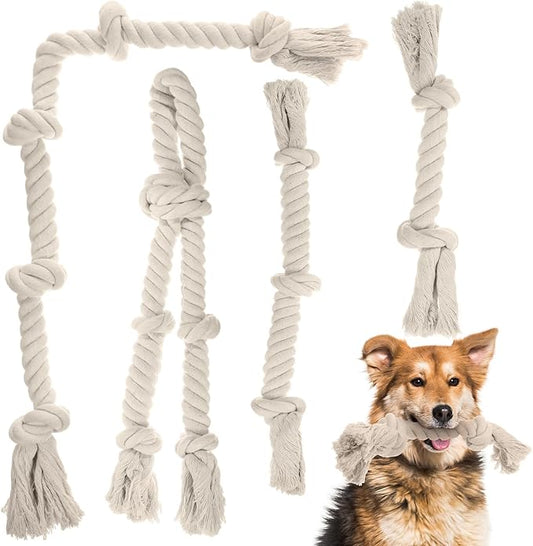 4 Pcs Rope Dog Toys White Tough Rope Toy Natural Cotton for Aggressive Chewers Interactive Knot Toys for Large Dog Tug of War Heavy Duty Pet Supplies Teeth Cleaning