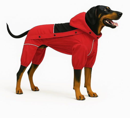 LOVELONGLONG Waterproof Dog Raincoat with Removable Hood – Outdoor Full Body Dog Jacket, Windproof Snowproof Shell Suit – All Season Pet Rain Gear Red M