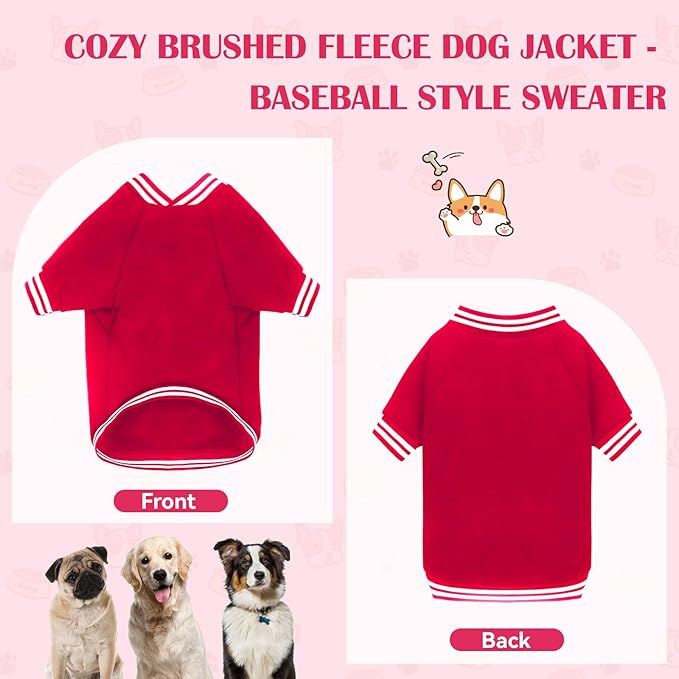 Dog Sweaters for Small Dogs, Brushed Fleece Dog Sweater Baseball Jacket Pet Clothes Soft Warm Sweatshirt Puppy Sweater Boy Girl Pet(Red-S)