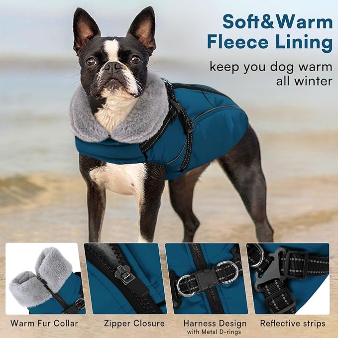Queenmore Large Dog Coat,Dog Jacket for Extra Large Dogs with Harness Built in,Reflective Waterproof Dogs Jackets with Fleece Lining,Warm Snowsuit Pet Coats for Doberman,Labrador,Blue,XXL