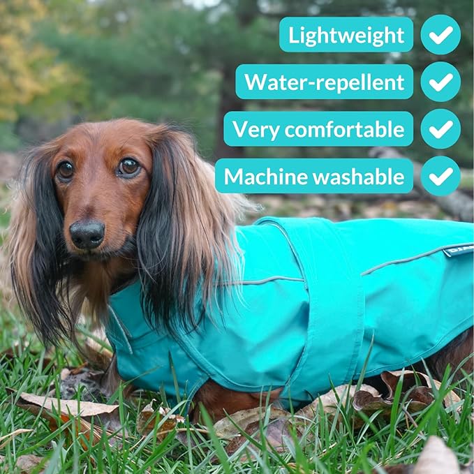 DJANGO Dog Jacket & Raincoat – Lightweight Water-Resistant Coat for Small, Medium & Long Dogs Like Dachshunds – Reflective, Adjustable Fit, Harness-Compatible & Easy-Access Harness Hole - Blue, Small