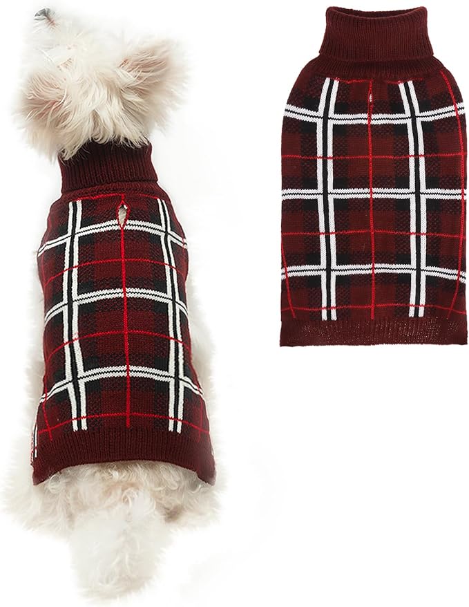PUPTECK Dog Christmas Sweaters for Large Medium Small Dogs - Fall Classic Plaid Style Puppy Holiday Winter Coat Clothes Warm, Deep Red, XS