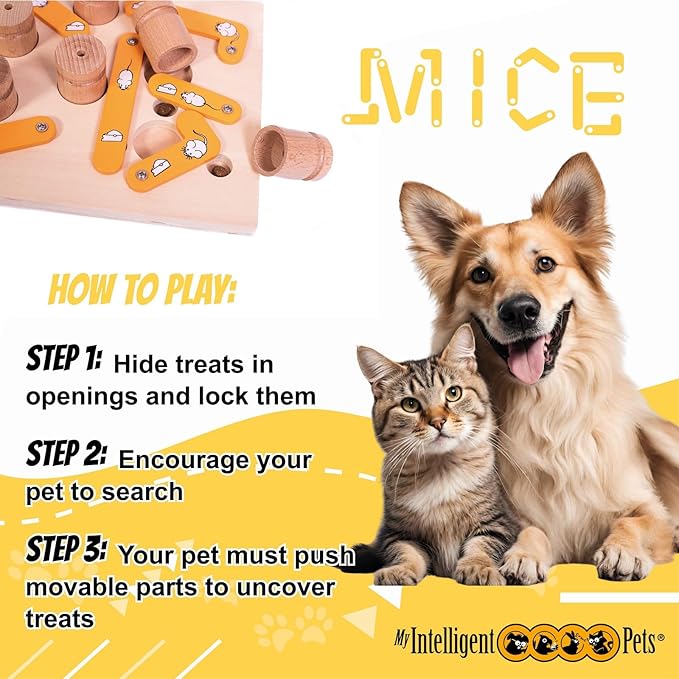 MICE - Cat and Dog Treat Puzzle, Interactive Wooden Toy for Cats and Dogs - Puzzle Feeder for Mental and Physical Exercise, Enhances Natural Instincts