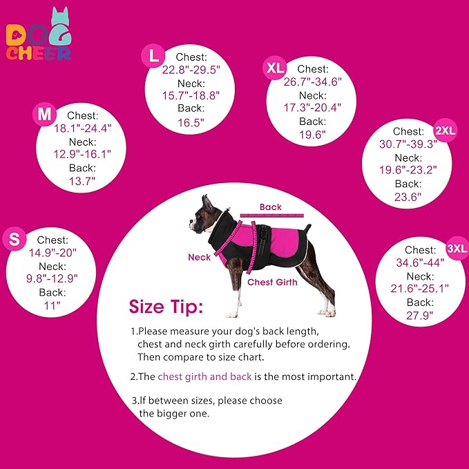Dogcheer Waterproof Dog Coat, Christmas Dog Winter Jacket, Adjustable Puppy Fleece Coat for Cold Weather, Reflective Turtleneck Snow Jacket for Small Medium Large Dogs - Pink, 2XL