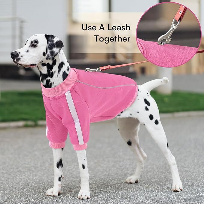 Queenmore Fleece Dog Sweater for Girl Dogs, Pullover Pink Dog Sweatshirt Sweatshirt with Leash Hole, Reflective Stripes – Cozy Winter Fleece Jacket for Small/Medium/Large Femal Puppy XXL