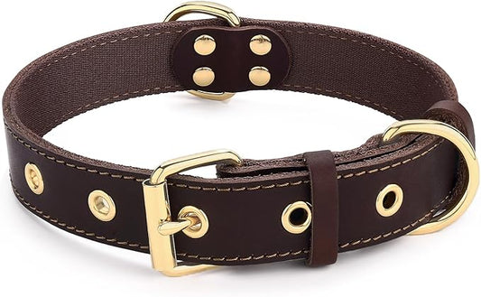Dog Collar, Leather Dog Collar with Adjustable Sturdy Metal Buckle,Heavy Duty Dog Collar for Walking, Hiking, Training, Hunting (Brown,XS:13.4"-15.8" Neck)