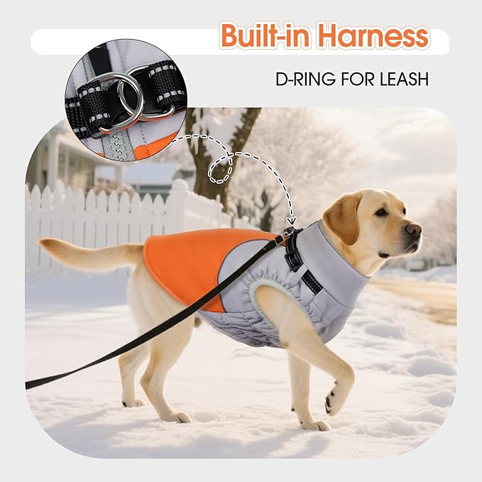 DENTRUN Dog Coat with Harness Built in, Adjustable Winter Dog Coat with Reflective Strips, Fleece Lined No Sleeves Jacket for Chihuahua, Orange, S