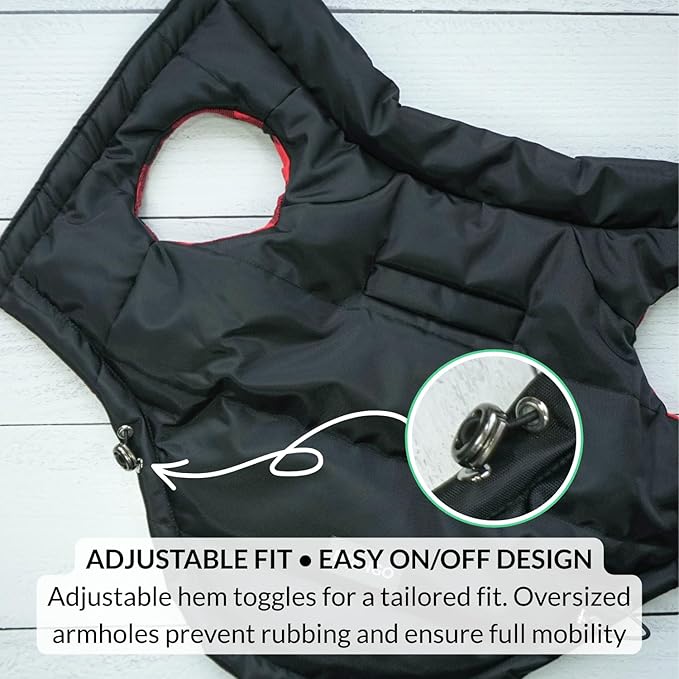 DJANGO Reversible Puffer Dog Coat – Warm Winter Dog Jacket & Water-Repellent Insulated Dog Coat with Harness Hole, Windproof, Adjustable Fit Vest for Small & Medium Dogs, Dachshunds – Black, Small