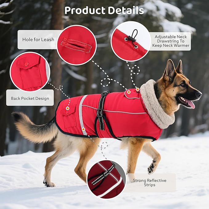 Dog Coat, Warm Dog Winter Coat Reflective Jacket Waterproof Fleece Vest, Pet Jacket Cozy for Cold Weather, Dogs Snowsuit Windproof, Adjustable Buckle for Large Dogs