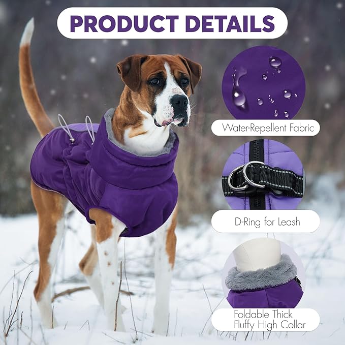 IDOMIK Warm Dog Coat with Harness, Waterproof Reflective Dog Jackets for Small Medium Large Dogs, Fleece High Collar Winter Jacket with Zipper, Pet Winter Snowsuit Clothes for Cold Weather,Purple S