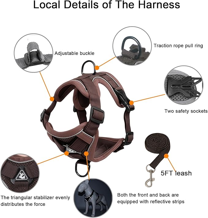 SOLMOONY Small Dog Harness,Soft Mesh Puppy Harness and Leash Set,No Escape Cat Harnesses for Training Walking,Reflective Adjustable Puppy Vest for Small Medium Dogs, Cats (Brown, L)