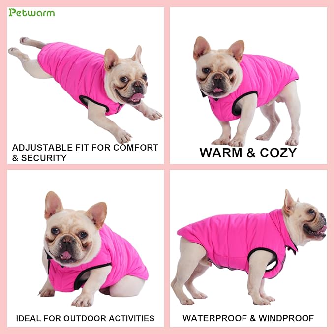 PetWarm Reversible Dog Winter Coat, Windproof Dog Puffer Vest, Soft Vest for Dogs with Hook-and-Loop Strap for Easy Dressing, Waterproof Coat for Dogs with Adjustable Fit, Pink, S