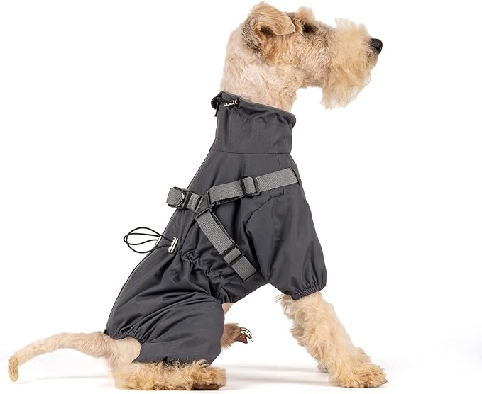 Mile High Life Waterproof Dog Raincoat, Full Coverage Small Dog Rain Coat with Harness, Adjustable 4 Legs Puppy Rain Jacket with Reflective Strip and Elastic Cuffs (Gray, M Back Length 14.6")