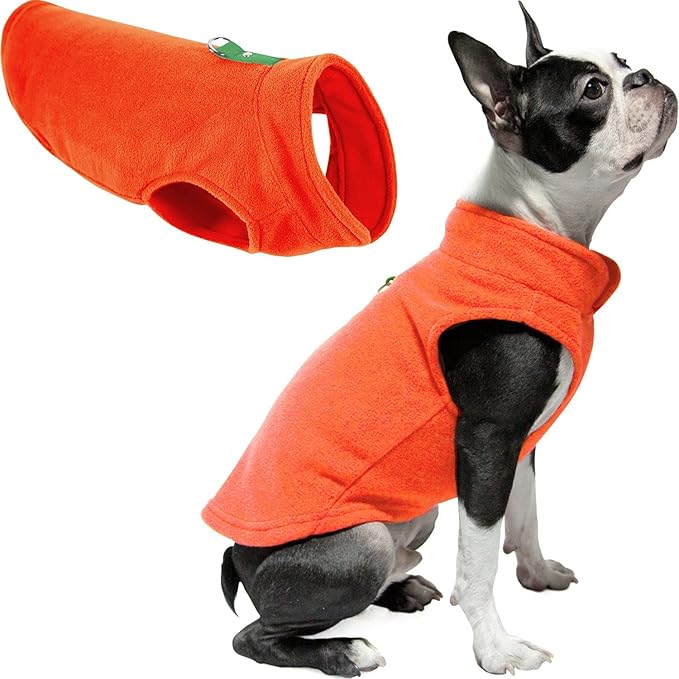 Gooby Fleece Vest Dog Sweater - Pumpkin, Large - Warm Pullover Fleece Dog Jacket with O-Ring Leash for Small to Medium Dogs