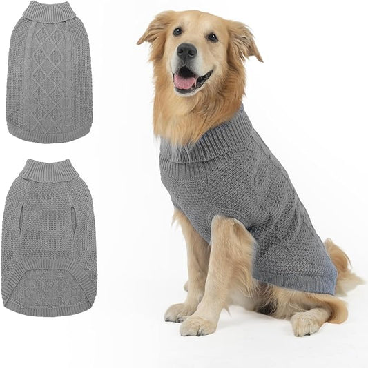 Mihachi Turtleneck Dog Sweater - Winter Coat Apparel Classic Cable Knit Clothes with Leash Hole for Cold Weather, Ideal Gift for Pet in New Year Grey L