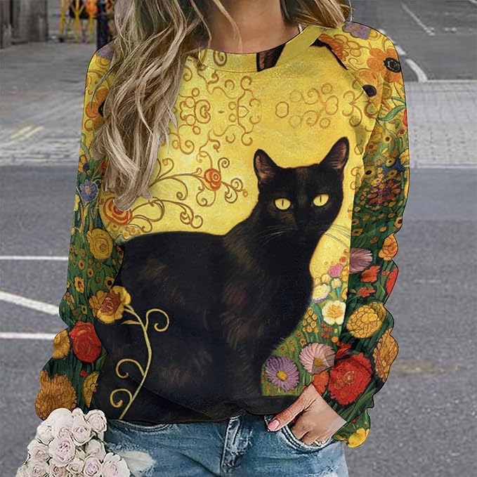 Long Sleeve Shirts for Women Cat Oil Painting Shirt 3D Graphic Sweatshirts Fall Pullover Crewneck Vintage Boho Tops