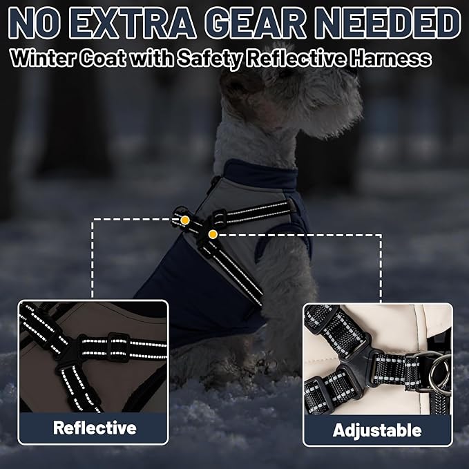 Dog Winter Coat for Small & Medium Dogs (Up to 31lb), Waterproof Dog Coat with Harness, Puppies Windproof Puppy Puffer Jacket, Snowsuit for Dachshund,Frenchie, Corgi (Classic Blue, Large)
