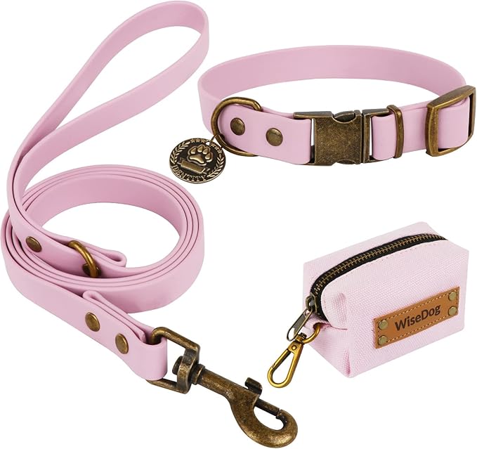 Wisedog Dog Collar and Leash Set, Waterproof Adjustable Puppy Collars with Cute Tag 6FT Dog Leash with Poop Bag for Small Medium Large Dogs (M, Pale Pinkish Purple)