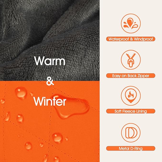 Dog Coat with Harness Built in -Orange,Medium- Fleece Lined Dog Snow Jacket Snowsuit，Adjustable Reflective Winter Warm Cold Weather Coat