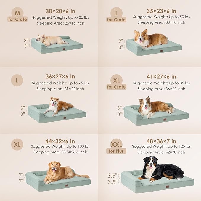 EHEYCIGA Memory Foam Dog Bed Large Sized Dogs, Waterproof Dog Bed Orthopedic with Washable Removable Cover, Non-Slip Pet Bed Couch, 36x27x6 Inches, Greyish Green