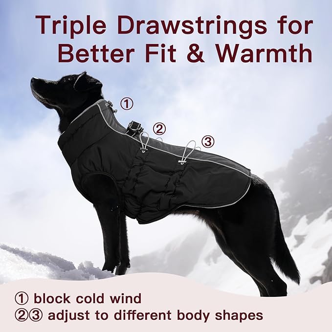 Dog Winter Jacket - 3X Large, Warm Zip Up Snowsuit Dog Harness Vest, Reflective, Water-Resistant, Black