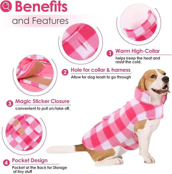 AOFITEE Dog Coat Plaid Dog Winter Coat for Small Dogs, Warm Dogs Jacket Christmas Sweater, Waterproof Pet Puffer Jacket, Reversible Pet Cold Weather Coats for Small Medium Large Pets, Pink M