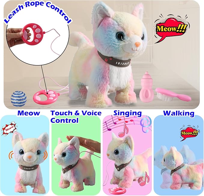 Colorful Walking Cat Set Singing That Purrs and Meows Animated Plush Robot Kitten with Leash Moving Plush Stuffed Animal Remote Control Cute Kawai Robotic Kitty Electronic Kitten Toy for Girl Kid