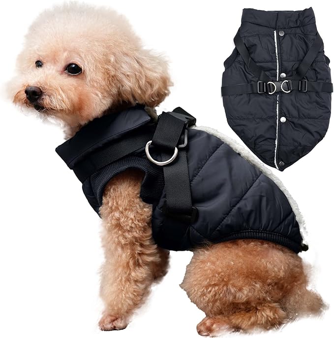 Dog Jacket with Harness,Fleece Lined Warm Puppy Coat for Winter,Soft Windproof Small Dog Vest,Black S