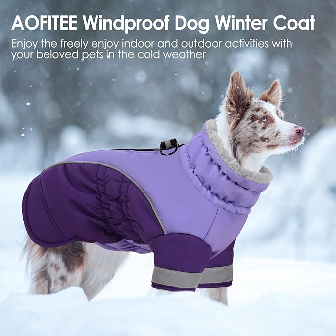 AOFITEE Dog Coat- Two Legged Large Dog Winter Jacket - Zipper Dogs Cold Weather Coat with Harness, Warm Pet Puffer Jackets Reflective Pet Snow Coats for Border Collie, Beagle, Purple XL