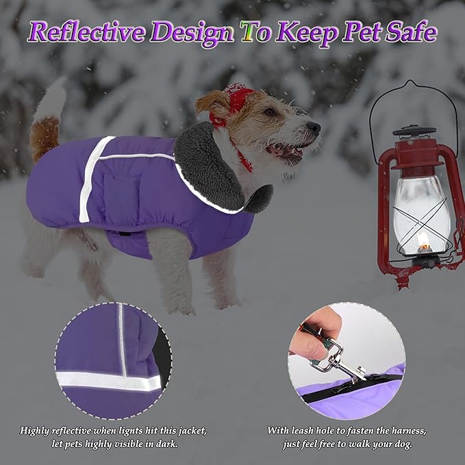 Dogcheer Warm Dog Coat, Waterproof Dog Jacket Christmas Puppy Winter Coat with Buckle, Reflective Adjustable Pet Snow Jacket Fleece Sweater for Small Medium Large Dogs - Taro Purple M