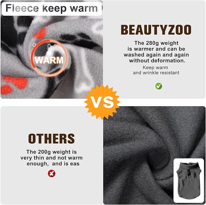 BEAUTYZOO Small Dog Sweater Fleece Vest Winter Jacket, D-Ring Leash Attachment for XS S Puppy Medium Sized Breeds Dogs, Cold Weather Dog Clothes Windproof Keep Warm, Grey Bones Paw XL