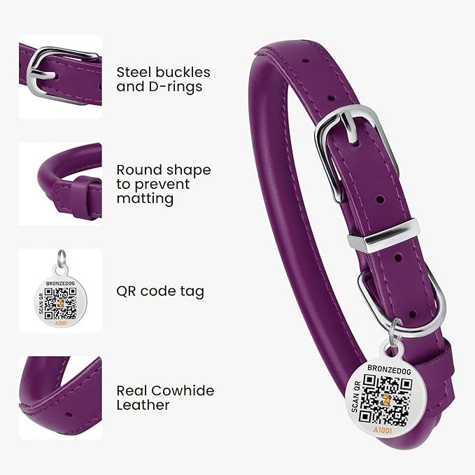 BRONZEDOG Rolled Leather Dog Collar for Small Medium Large Dogs with QR ID Tag (S: 12-14 Inch, Plum)