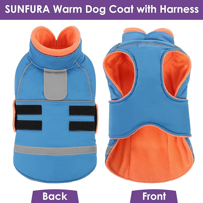 SUNFURA Dog Coat, Large Dog Jacket for Cold Weather, Reflective Winter Coat with Hook & Loop Closure, Easy On Pet Winter Jacket Snowsuit for Large Dogs, Turquoise L