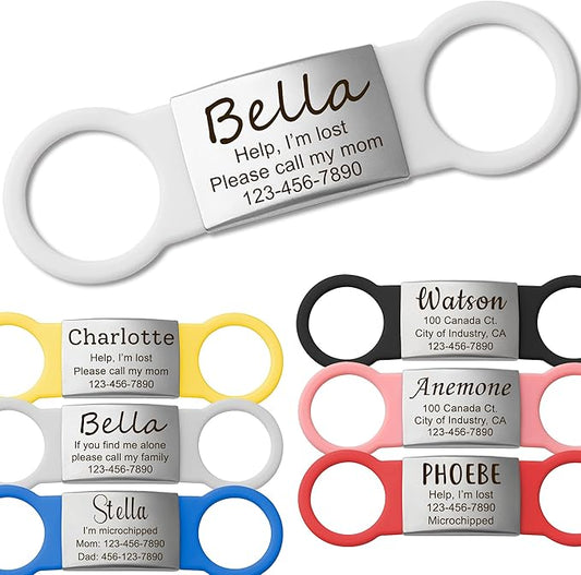 Anavia Slide On Silent Pet ID Tags, S/M/L/XL Personalized Multi-Color Silicone Band Cat Dog Name Tags, Customized Engraved Stainless Steel, Chew-Proof Quiet Dog Collar Tags (Large, White)